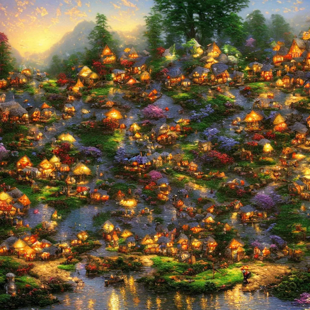 Prompt: mushroom village, painting by thomas kinkade