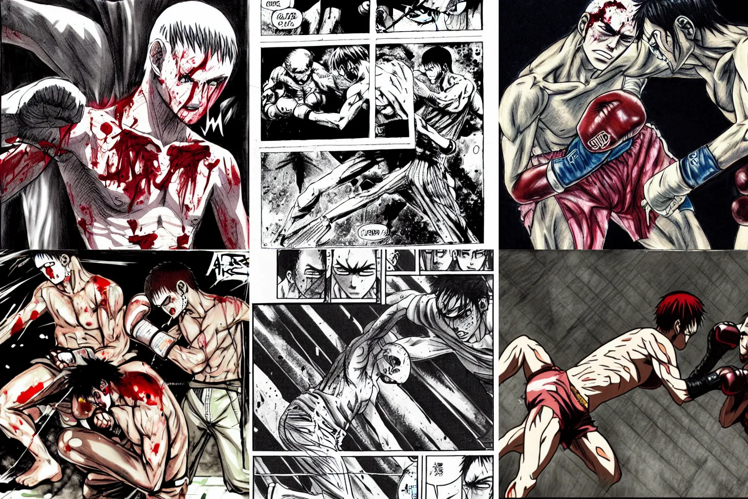 Prompt: boxer in the middle of a fight, bloodied and beaten, art by hajime isayama.