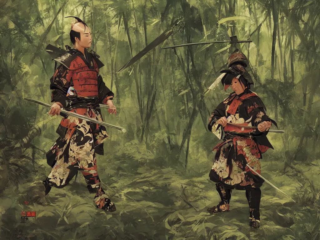 Prompt: a wandering samurai in full armor sitting in a dark bamboo forest, by huang guangjian and gil elvgren, sachin teng, greg manchess