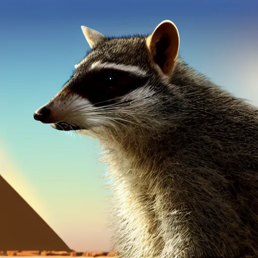 Prompt: a front portrait of a evil raccon with pyramids in background, matte paiting