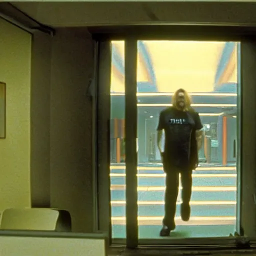 Prompt: a vhs still portrait of aphex twin breaking into the office from a gritty cyberpunk 2 0 0 0 s james cameron movie about the terminator. realism, cinematic lighting, 4 k. 8 mm. grainy. panavision.