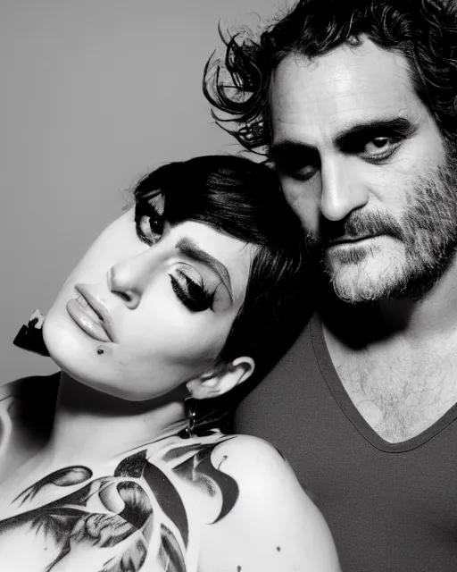 Prompt: 35mm macro photograph Lady Gaga and Joaquin Phoenix, flirting expression, wearing a camisole, vibrant high contrast, octane, arney freytag, Fashion photo shoot,, glamorous, tattoos,shot in the photo studio, backlit, rim lighting, 8k