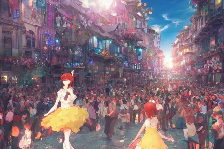 Prompt: Digital anime art by WLOP and Mobius, Town square, a dancing girl performs, happy smile, coins around her feet, large crowd, highly detailed, bright sunshine and lighting