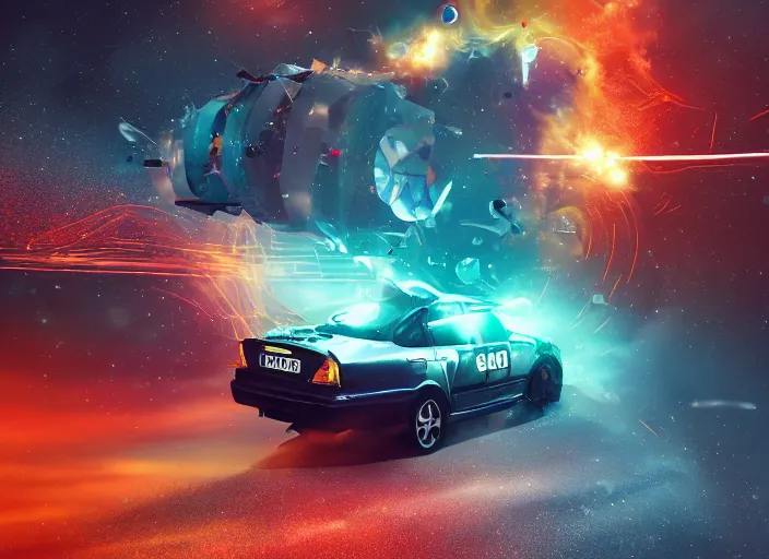 Image similar to volvo time machine flying through space and time, digital art, illustration, 3 d, colourful, amazing, cinema, michael bay style