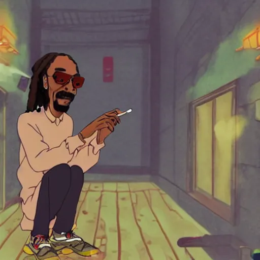 Image similar to snoop dogg smoking a joint at the spirit bathhouse, studio ghibli anime scene, spirit away