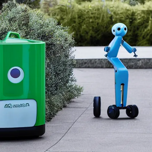 Prompt: a garbage collecting robot with digital eyes outdoors