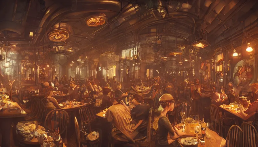 Image similar to Interior of a steampunk crowded restaurant with smoking machines, hyperdetailed, artstation, cgsociety, 8k