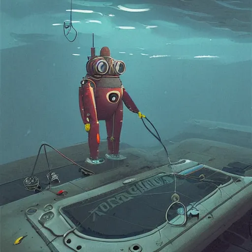 Prompt: Armored diving suit in the deep sea, by Simon Stalenhag