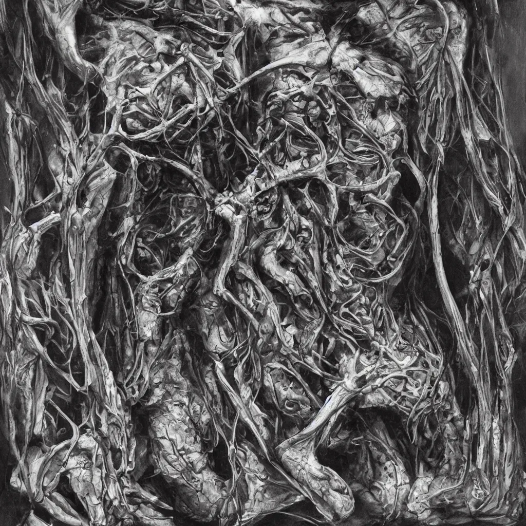 Image similar to realistic shot bloody bones, organs and flesh, biomechanical technology, natural light, by h r giger