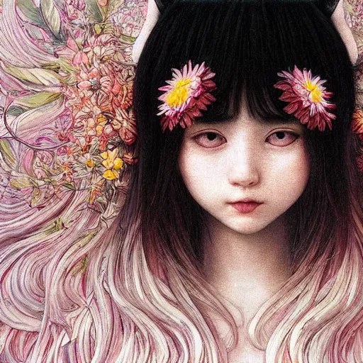 Prompt: white cat girl, botanical, long hair, portrait face, colorful, frantisek kupka, intricate, miles johnston, kuroda seiki, cynical realism, ozabu, john william godward, painterly, yoshitaka amano, moebius, miles johnston, louise zhang, james jean, mark ryden lowbrow pop surrealism art style