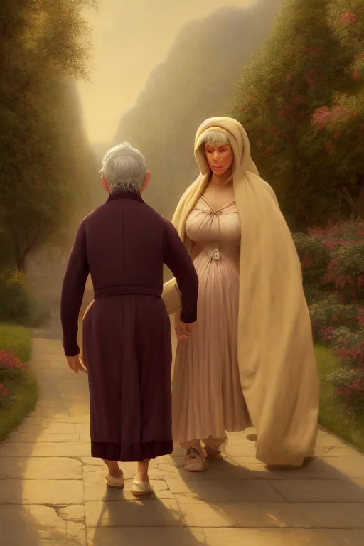 Image similar to Pete Davidson As A Short Midget Being Walked By Kim Kardashian As An Old Lady illustration, soft lighting, soft details, painting oil on canvas by Edmund Blair Leighton and Charlie Bowater octane render, HDR, trending on artstation, 4k, 8k, HD