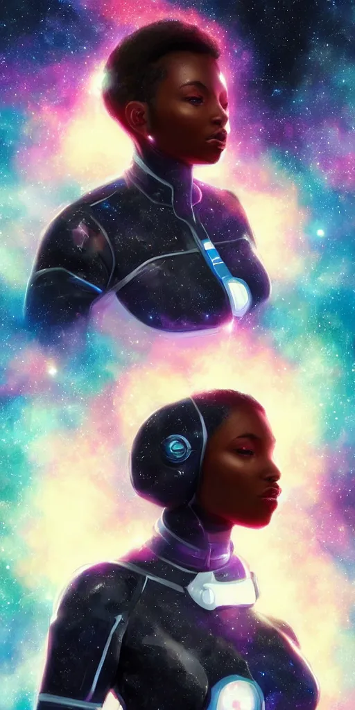 Image similar to beautiful black woman in an advanced spacesuit in front of exploding nebulae halos, digital illustration trending on artstation by artgerm and rutkowski