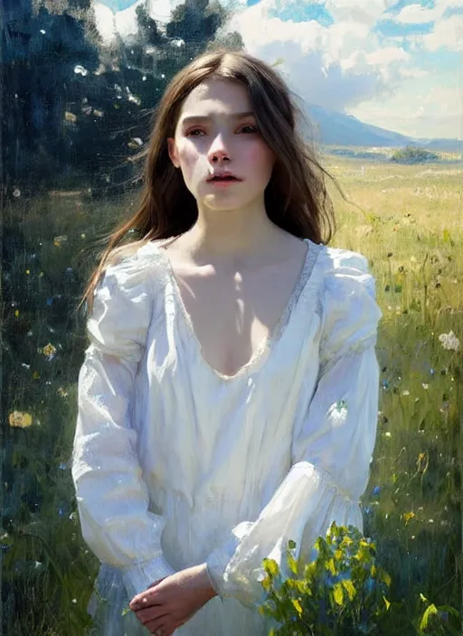 Image similar to portrait of girl dressed in white clothes , countryside, fantasy character portrait, dynamic pose, above view, view from above, sunny day, thunder clouds in the sky, artwork by Jeremy Lipkin and Giuseppe Dangelico Pino and Michael Garmash and rob rey, very coherent symmetrical artwork, perfect face, simple form, 100mm