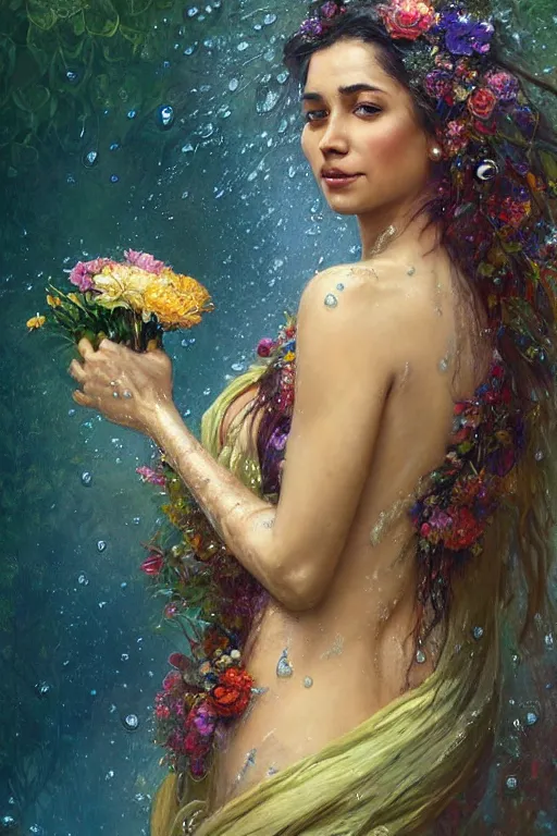 Image similar to portrait of a beautiful woman wearing a sari dress, holding a bouquet of flowing flowers, drenched body, wet dripping hair, emerging from the water, fantasy, regal, fractal crystal, fractal gems, by ross tran stanley artgerm lau, greg rutkowski, thomas kindkade, alphonse mucha, loish, norman rockwell