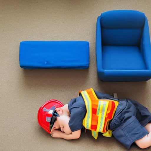 Image similar to small firefighter sleeping on a blue reclining chair