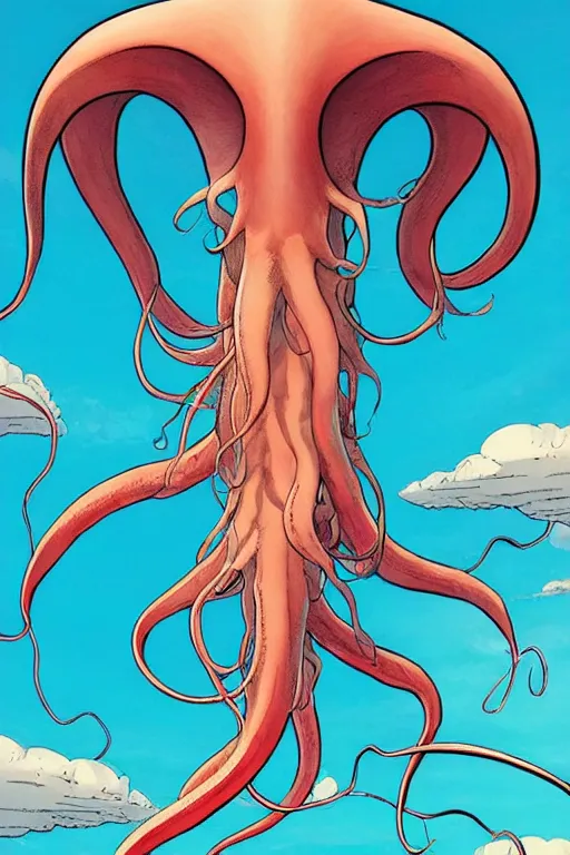 Image similar to comic cover art of a ( very very gigantic squid ) floating in the sky above a metropolitan city, viewed from below, by jenny frison and sana takeda, intricate details, stunning inking lines, flat colors, 4 k, hd, artstation