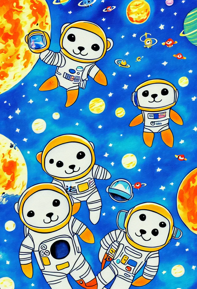 Image similar to childrens storybook cover, gauche painting, a single cute otter astronaut in a space suit floating in outer space. otter space