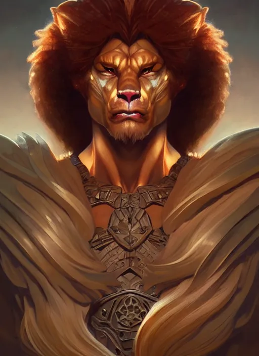 Image similar to symmetry! portrait of lion - o, d & d, muscular! fantasy, intricate, elegant, highly detailed, digital painting, artstation, concept art, smooth, sharp focus, illustration, art by artgerm and greg rutkowski and alphonse mucha