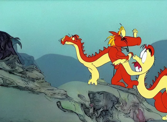 Prompt: a film still from the animation the lazy dragon ( 1 9 8 0 ) directed by walt disney, oscar winning animation, award winning