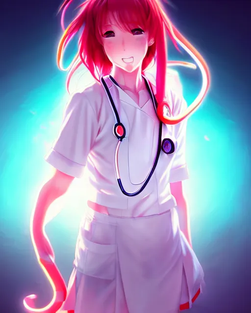 Prompt: anime style, vivid, expressive, full body, 4 k, painting, a cute magical girl with a long wavy hair wearing a nurse outfit, correct proportions, stunning, realistic light and shadow effects, neon lights, studio ghibly makoto shinkai yuji yamaguchi