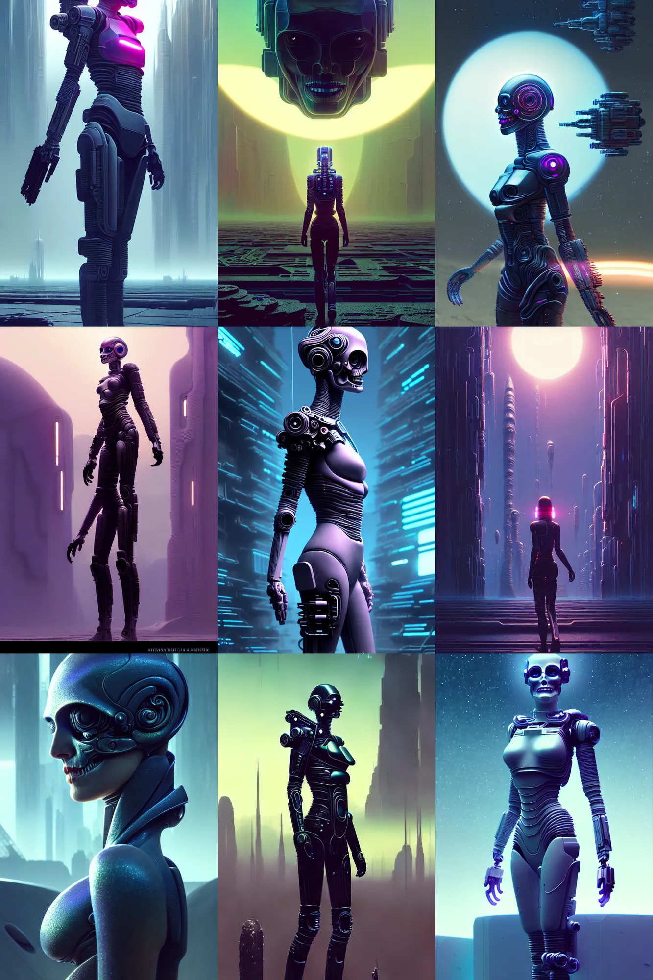 Prompt: wanderer, beautiful female android!, intricate detailed environment, photorealistic!, octane render, mechanical, concept art, cinematic lighting, interstellar, hyper realism, sharp, cyberpunk, bladerunner, 8 k, el dia los muertos. by angus mckie, moebius, maciej kuciara, stanley lau, artgerm, greg rutkowski