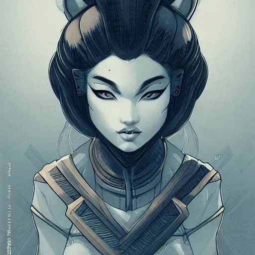 Prompt: shiba - warrior taro, heroine, beautiful, young, minimalist, detailed close - up portrait in the style of ross tran, marte gracia, and peter mohrbacher, comic book lineart