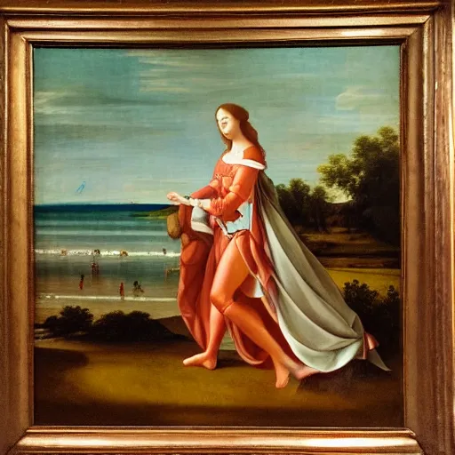 Image similar to princess walking by the beach in the style of a renaissance painting