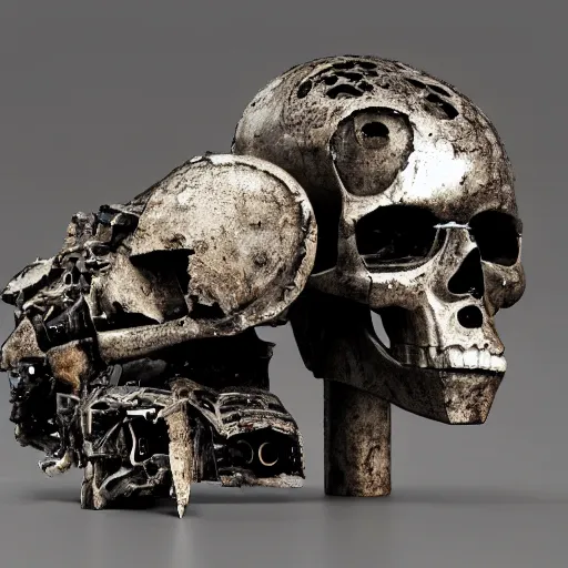 Image similar to a destroyed skull of a robot, made with scuffed brushed metal, missing parts, wires, on display, on a museum pedestal, redshift render, by Victor Hugo, greeble