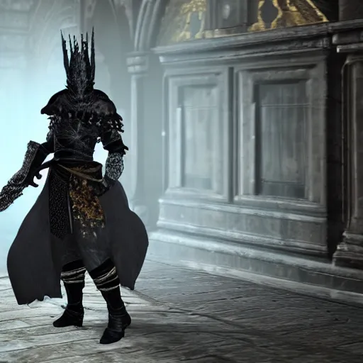 Image similar to A Dark Souls character arriving at a fancy party, ornate ballroom, tuxedo