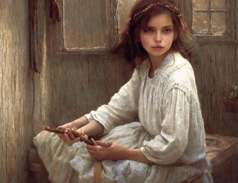 Image similar to peasant girl with long hair yarn knitting, cottage core, cinematic focus, polaroid photo bleached vintage pastel colors high - key lighting, soft lights, foggy, by steve hanks, by lisa yuskavage, by serov valentin, by tarkovsky, 8 k render, detailed, oil on canvas