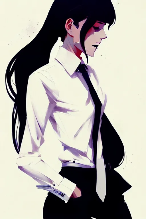 Image similar to a ultradetailed beautiful panting of a stylish woman, she is wearing a white shirt with a tie and black pants, by conrad roset, greg rutkowski and makoto shinkai trending on artstation