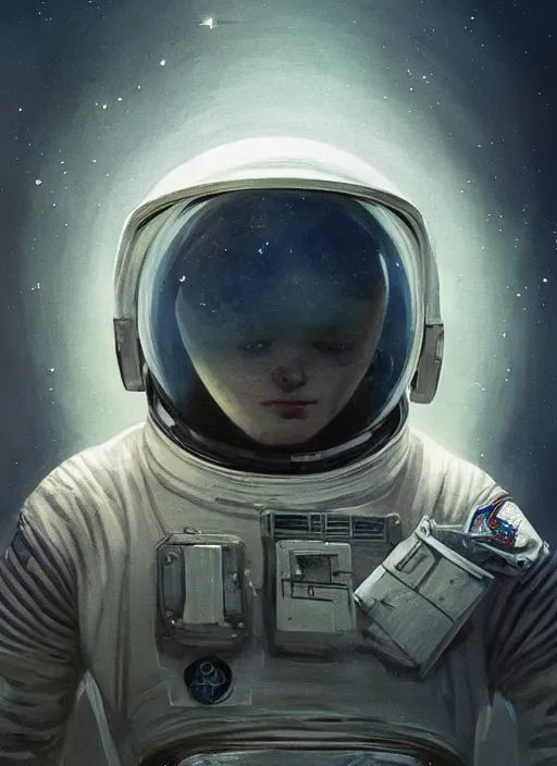 Prompt: a cosmonaut, by ralph mac quarrie, retrofuturism, vintage, pure design, concept art, artstation, high definition, extremely detailed, very aesthetic and beautiful, cinematic lighting, moody atmosphere, masterpiece