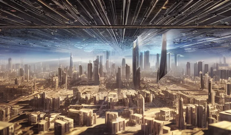 Image similar to large group of people in simple warehouse, looking at hologram of futuristic city on a table, cinematic concept art, godrays, golden hour, natural sunlight, 4 k, clear details, tabletop model buildings, center model buildings, hologram center, crane shot, crane shot, crane shot