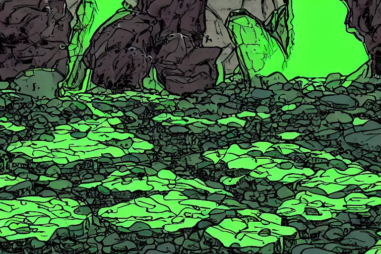 Image similar to glowing green rocks, toxic sludge, like where the hulk would live, landscape, comic book art style, pictures in sequence, storyboarding, speech bubbles, explosions