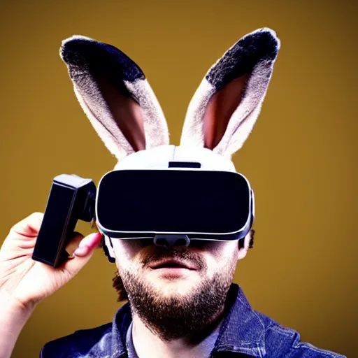 Image similar to a rabbit wearing a virtual reality head-mounted-display, digital portrait, black background with stars