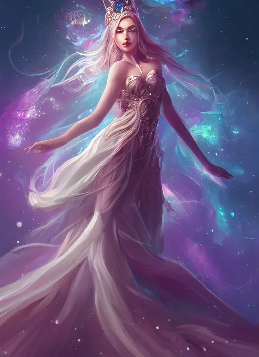 Image similar to a highly detailed illustration of elegant goddess wearing cosmic dress, elegant floating pose, beautiful detailed figure, nebula background, closed eyes smile expression, intricate, elegant, highly detailed, centered, digital painting, artstation, concept art, smooth, sharp focus, league of legends concept art, wlop