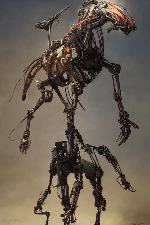 Image similar to 3 quarter view photography portrait of a biomechanical stalion horse illustrated by greg rutkowski and Akira Saito and Peter mohrbacher, boston dynamics, 4k,