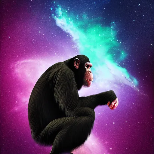 Image similar to A chimpanzee floating through outer-space, reaching out and touching a nebula with its finger, digital art, 8k