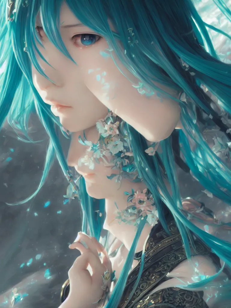 Prompt: Hatsune Miku, closeup, D&D, fantasy, intricate, elegant, highly detailed, digital painting, artstation, concept art, matte, sharp focus, illustration, art by Artgerm and Greg Rutkowski and Alphonse Mucha