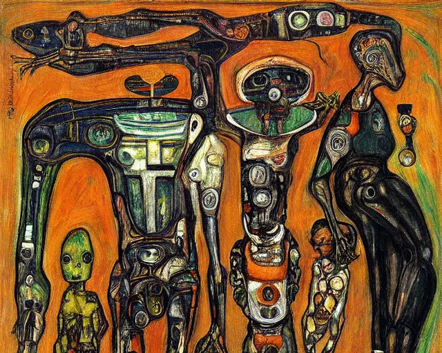 Image similar to a painting of a aliens and robots by graham sutherland, egon schiele, gustav klimt!, expressionism