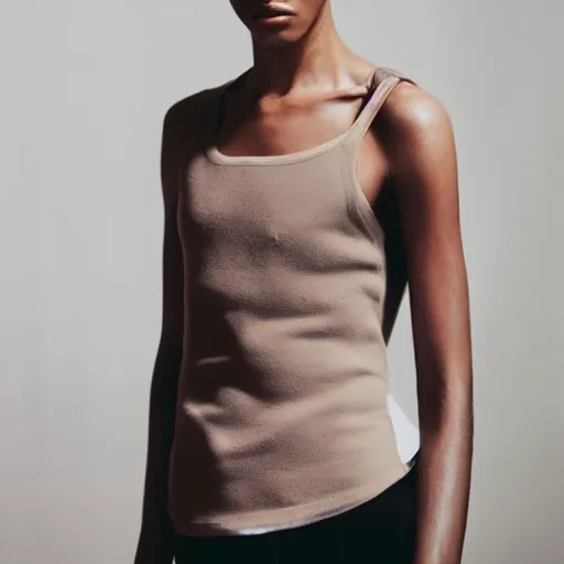 Prompt: realistic photoshooting for a new balenciaga lookbook color film photography portrait of a beautiful woman model wearing a taupe pelagia tank top, photo in style of tyler mitchell