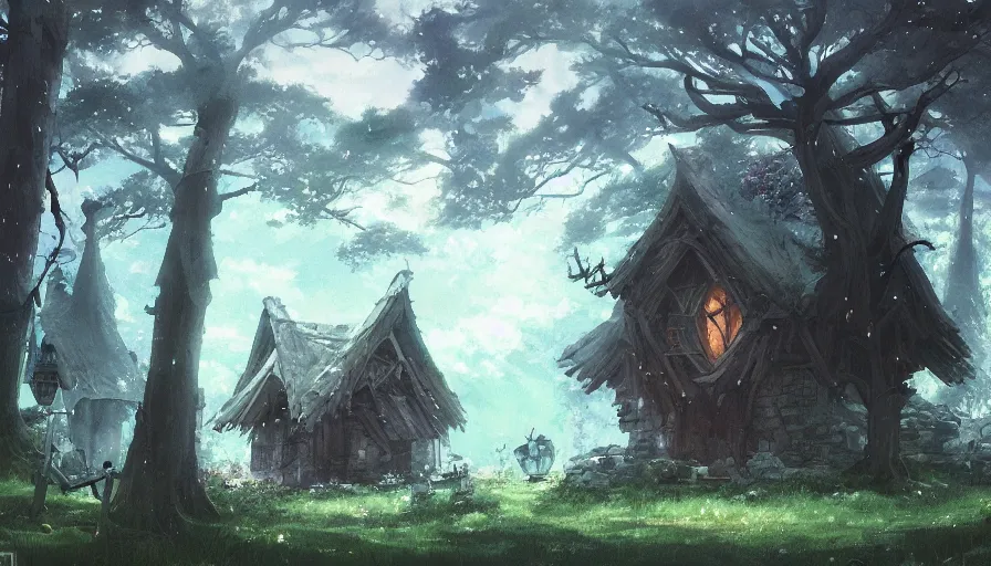 Image similar to a witches house nestled between the lush forest, trending on pixiv fanbox, painted by greg rutkowski makoto shinkai takashi takeuchi studio ghibli