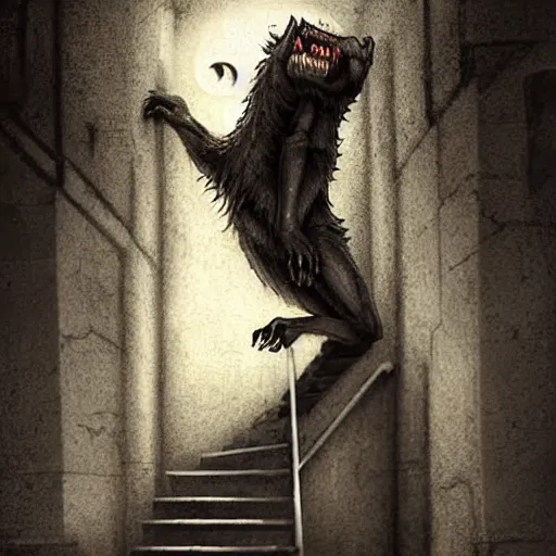 Prompt: fierce werewolf crawling up a staircase looking at camera, horror art, creepy, sinister, art station, 4k