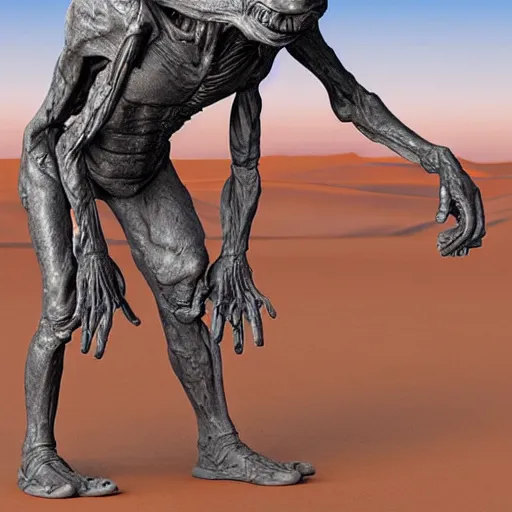 Image similar to a sad Roswell grey alien trying to repair his crashed burning spacecraft in the desert, a hologram by Alan Bean, featured on zbrush central, hurufiyya, zbrush, polycount, airbrush art