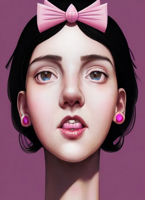 Image similar to portrait of high school girl, realistic, black hair, bangs, half updo hairstyle, pointy nose, skinny, smile, ugly, defined jawline, big chin, pink hair bow, earrings, intricate, elegant, glowing lights, highly detailed, digital painting, artstation, sharp focus, illustration, art by wlop, mars ravelo and greg rutkowski