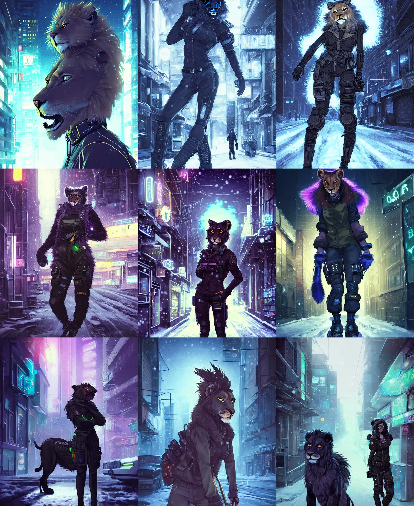 Prompt: beautiful furry art portrait commission of a female furry anthro lioness fursona wearing a tactical kevlar vest in the streets of a cyberpunk city at night in the snow. neon light. character design by charlie bowater, ross tran, artgerm, and makoto shinkai, detailed, inked, western comic book art