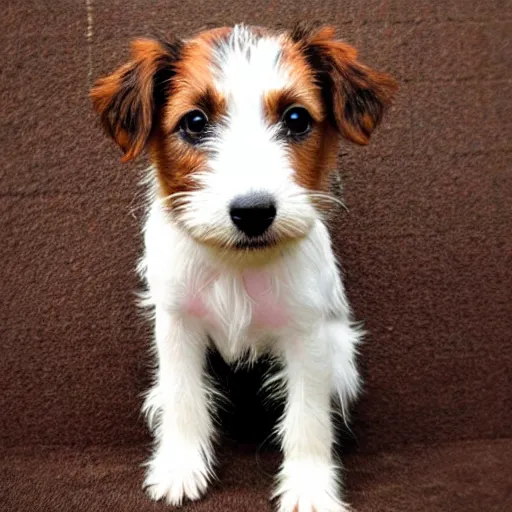 Prompt: a high quality photograph of a scruffy long haired jack russell terrier puppy, white with chocolate brown spots, brown patches over both eyes. friendly, curious expression.