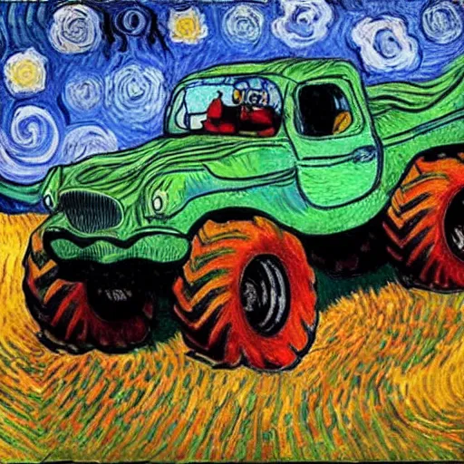 Image similar to monster truck, painted by van gogh