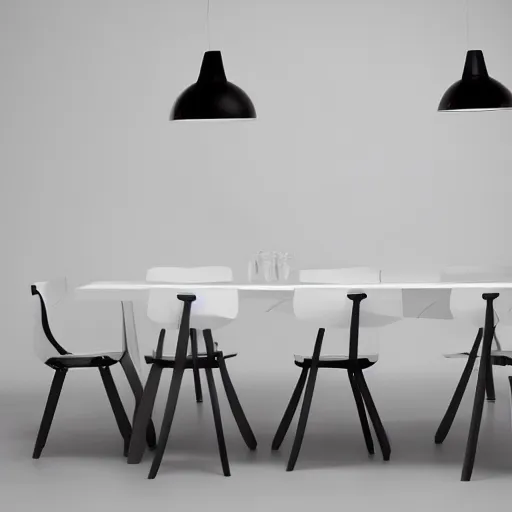 Image similar to a dining set designed by james dyson, white background, studio photograph