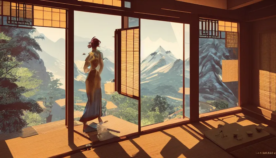 Image similar to woman on the floor looking mountains through windows in old japanese house built on mountains, hyperdetailed, artstation, cgsociety, 8 k